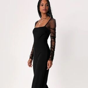 Lulus Made To Amaze Black Dotted Mesh Long Sleeve Jumpsuit - Size L
